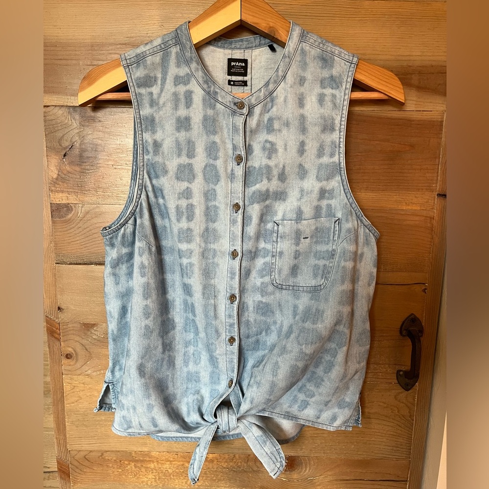 Prana Light Blue Washed Denim Tie-Front Button Tank